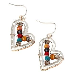 UNBRANDED Wire Wrapped SILVER Hearts And Bright GLASS BEADS Earrings